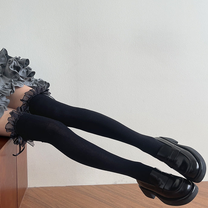 Stockings Over-Knee Lace White/Black Decorated Lolita Bowknot Trim