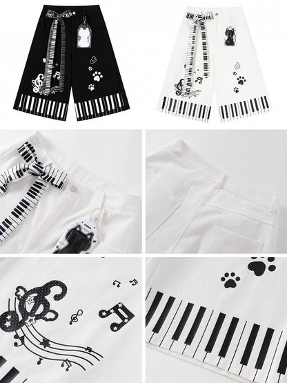 Piano Key Print Wide-Leg Pants with Belt Set - CRAZY GIRL