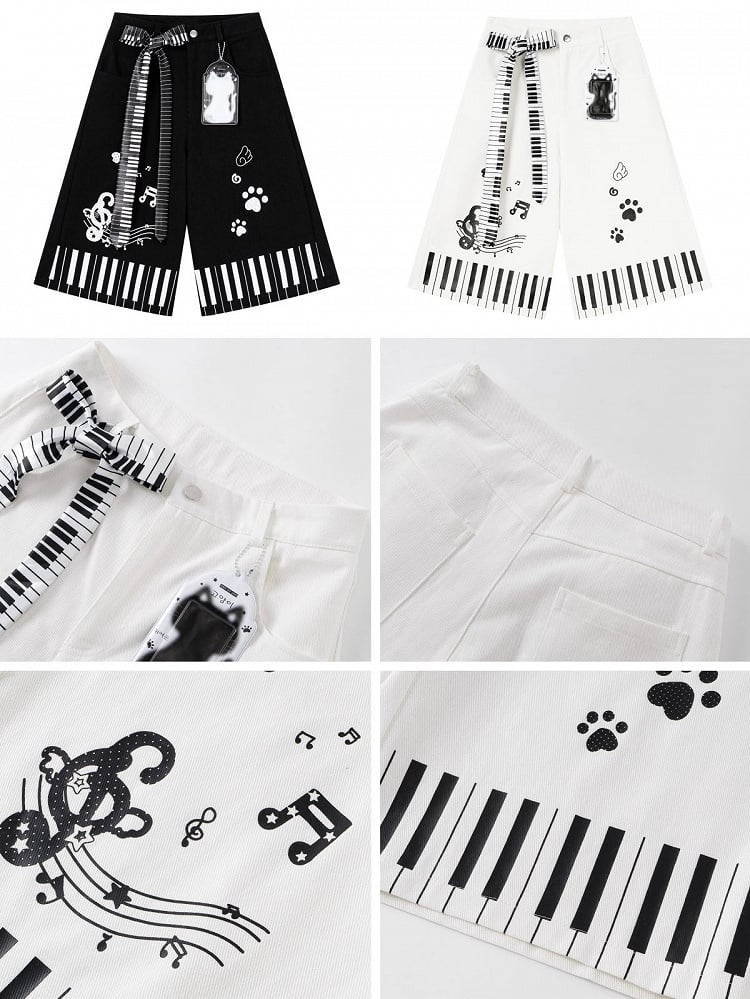 Piano Key Print White Wide-Leg Pants with Belt - CRAZY GIRL