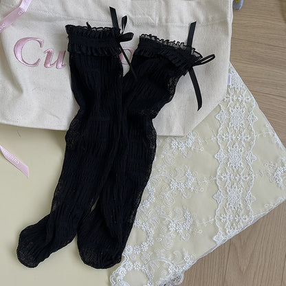 Socken mit Schleife, Tüll und Spitzendetails, Weiß/Schwarz, gerüscht