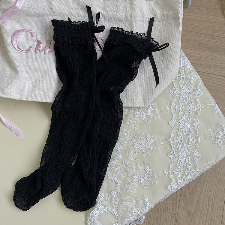 Socks Ruffled Lace Details Bowknot White/Black Tulle
