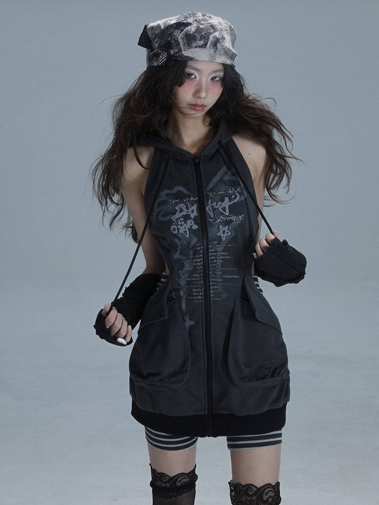 Coordinated Striped Hoodie Dark Zip-front Dress Cutout Gray Set: Punk Shorts Streetwear Graffiti