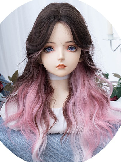 ピンクブラックのオンブレロングウェーブ合成ウィッグ（カーテンバング付き）