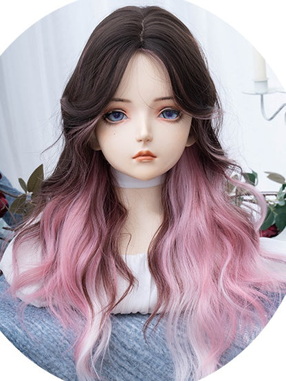 ピンクブラックのオンブレロングウェーブ合成ウィッグ（カーテンバング付き）