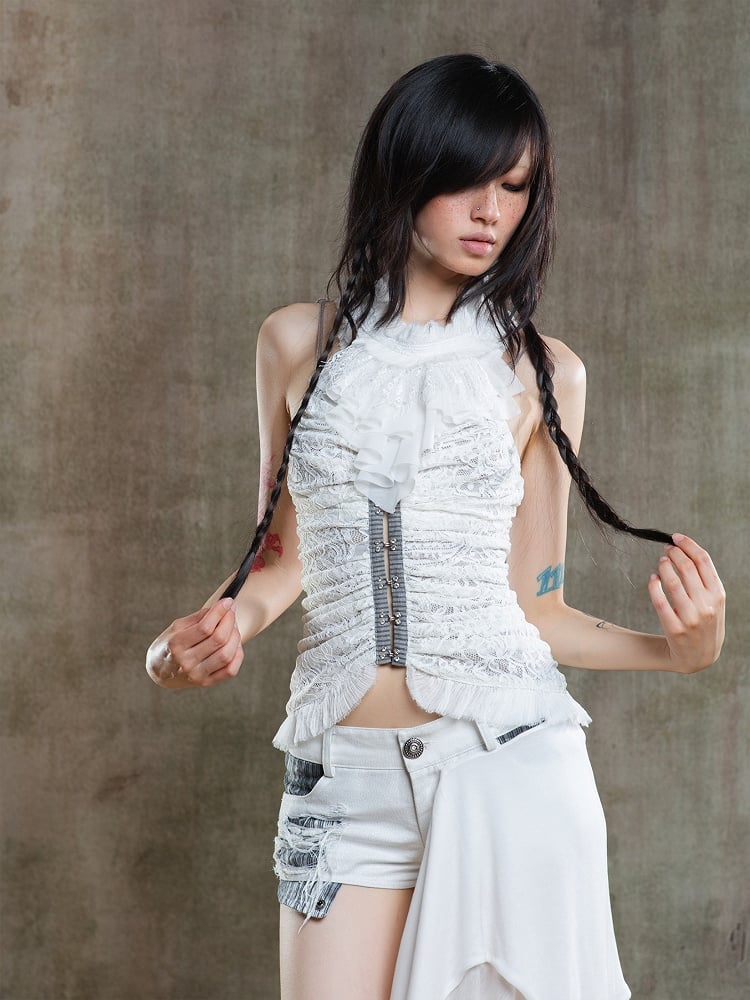 Punk Crisscross Cami Embroidered Floral with Lacing Top Beige Back Gothic