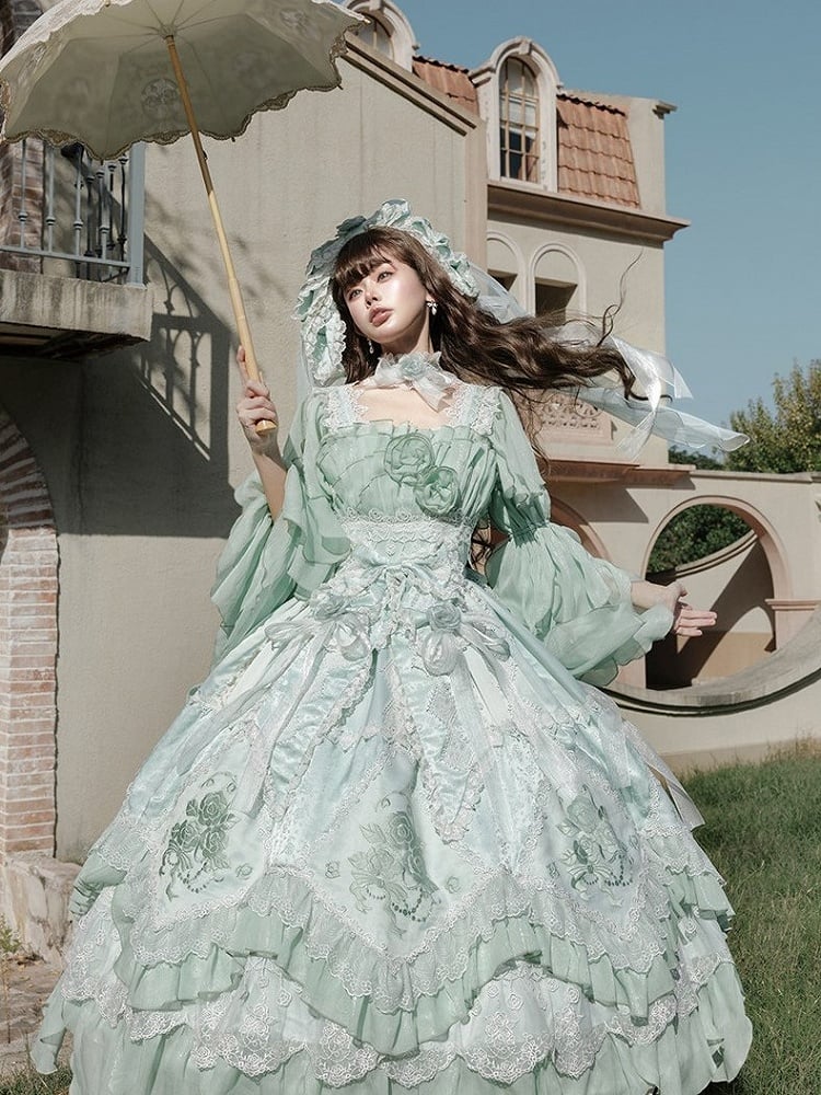 Green Accents Hanayome Ruffles Long Rose Version Layered Dress Light Lolita JSK with Flowing