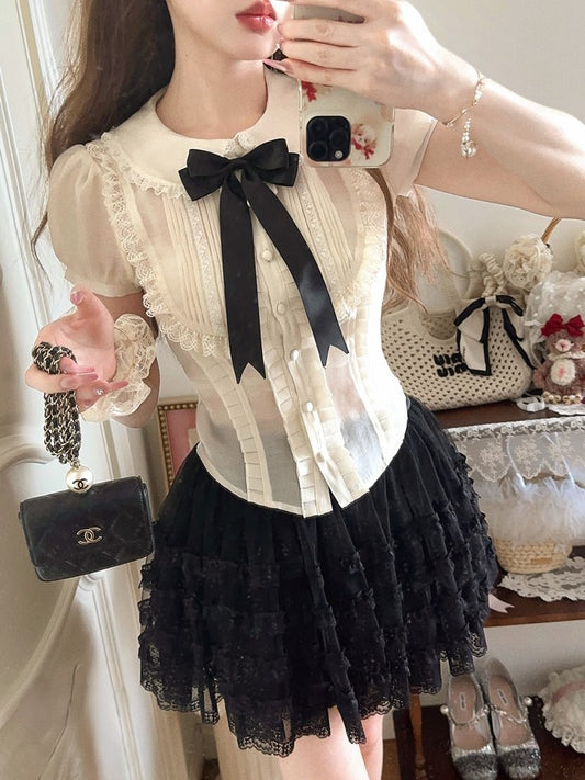 Lace-Trimmed Set Puff Apricot Blouse Cami Sleeve With