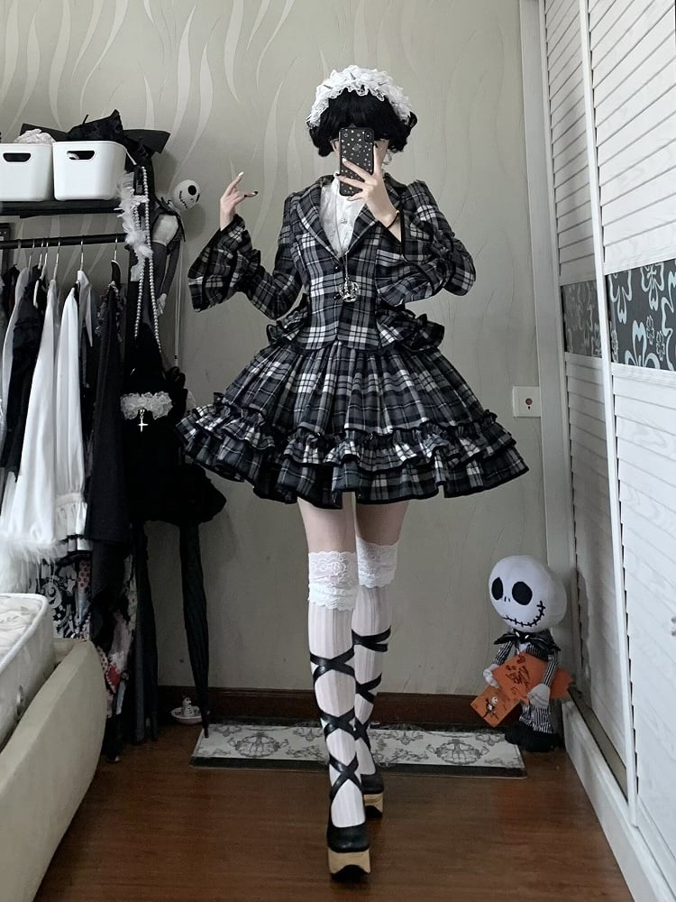 Notched + Old Lolita White Skirt Lapel Plaid - Set Black School Ruffled Blazer