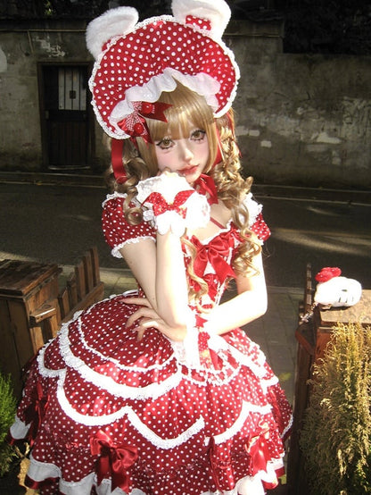 Ruffled Polka Dot Decorations Bow Dress OP Red Lolita Cute with