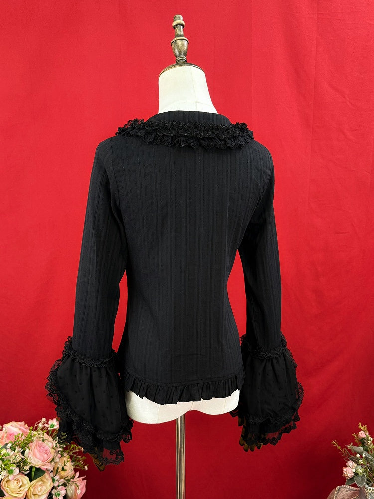 Bell Sleeves Lolita Cotton Jacquard Black Long Blouse