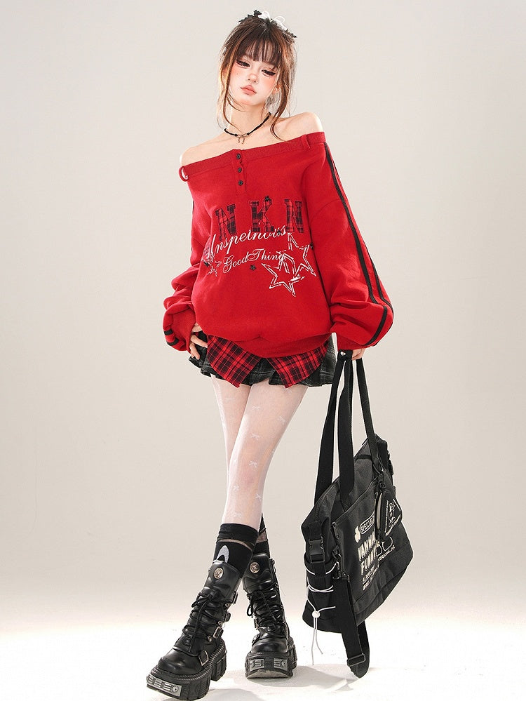 Red Letter Patch Embroidery Off-the-shoulder Neckline Sweatshirt