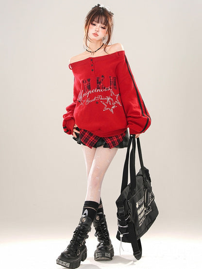 Red Letter Patch Embroidery Off-the-shoulder Neckline Sweatshirt