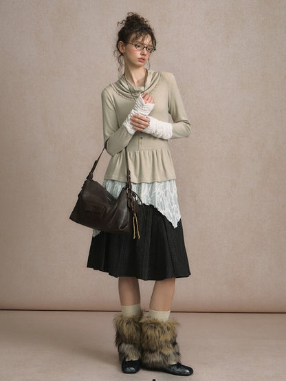 with Apricot Ruffled Design Hem Top Patchwork Knit