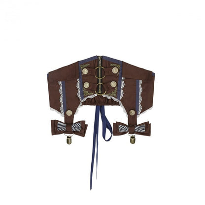 Aprikosenfarbenes Hemd mit Rüschenausschnitt + brauner Korsettgürtel + blauer Rock Steampunk Lolita Set