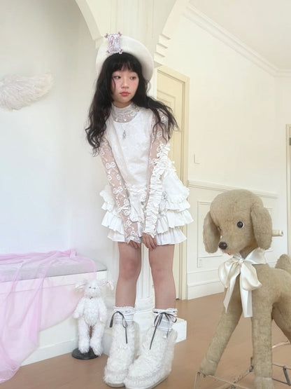 Jacquard Semi-Sheer White Bowknot Long Sleeve Top with Double Edge Ruffle