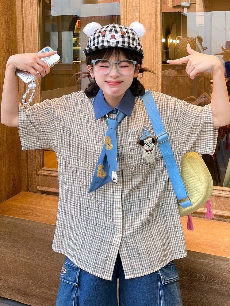 Adorable Puppy Embroidery Plaid Shirt with Tie Light Brown