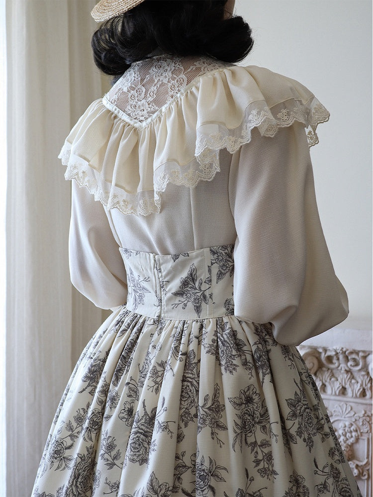 Beige Edward Neck Lolita Blouse with Bead-Accented Cuffs