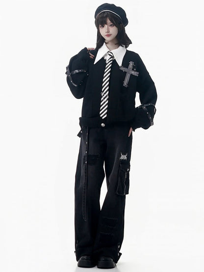 Strap Jeans Cuffs with Straight-Leg Black Rolled and Fixed Buckle