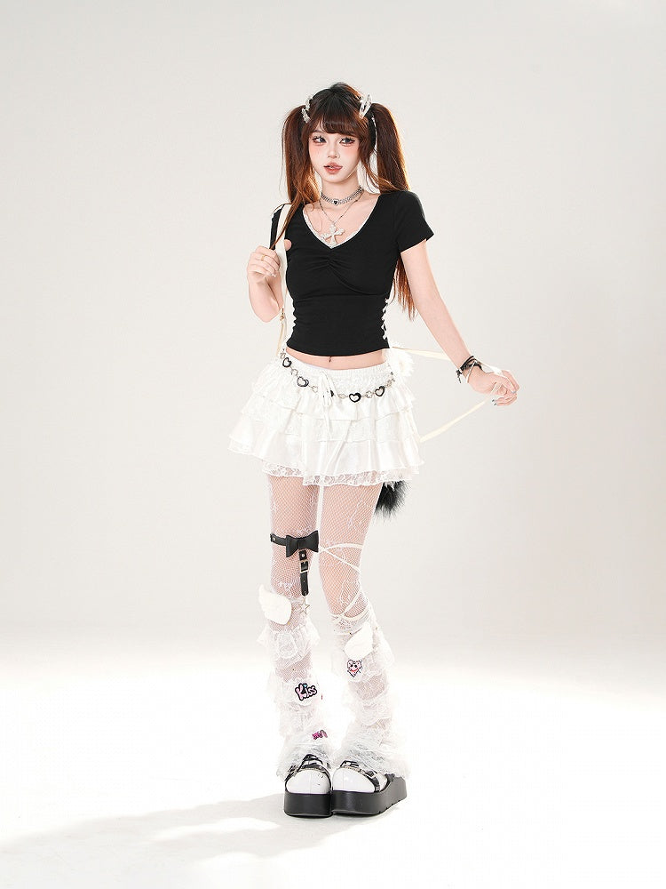 Trim Butterfly Appliques Lace Elastic Waist White/Black