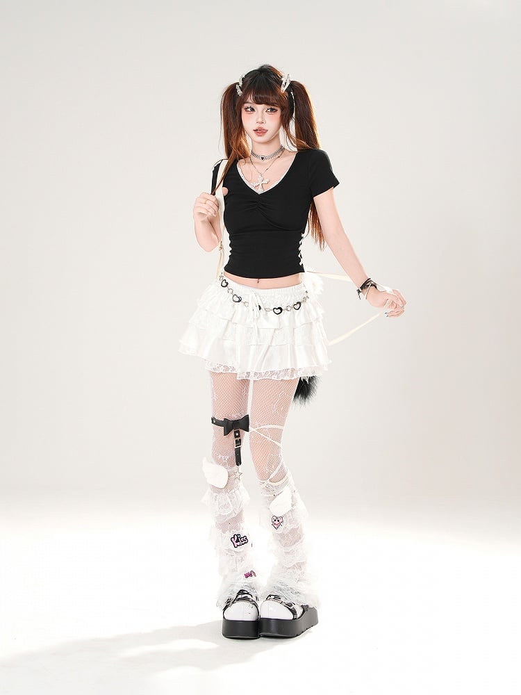 Slim-fitting V-neck Lace Trim Lace-up White/Black T-shirt Side