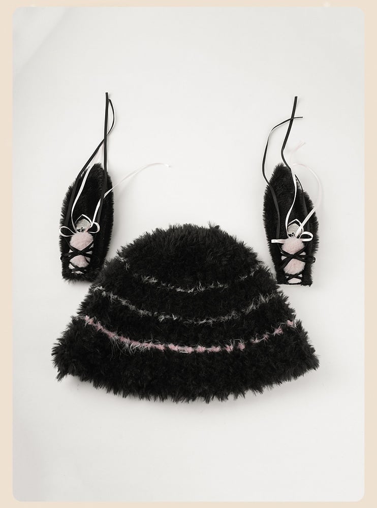 Black and Pink Plush Hat with Detachable Bunny Ears