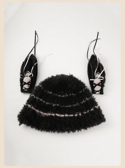 Black and Pink Plush Hat with Detachable Bunny Ears