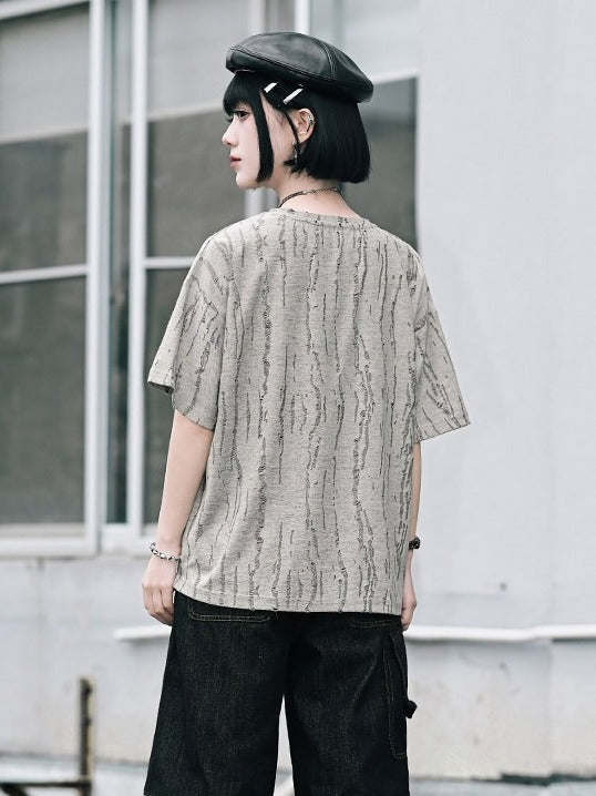 Gray Asymmetrical Short Sleeve T-Shirt with Print & Distress - Quirky Hut