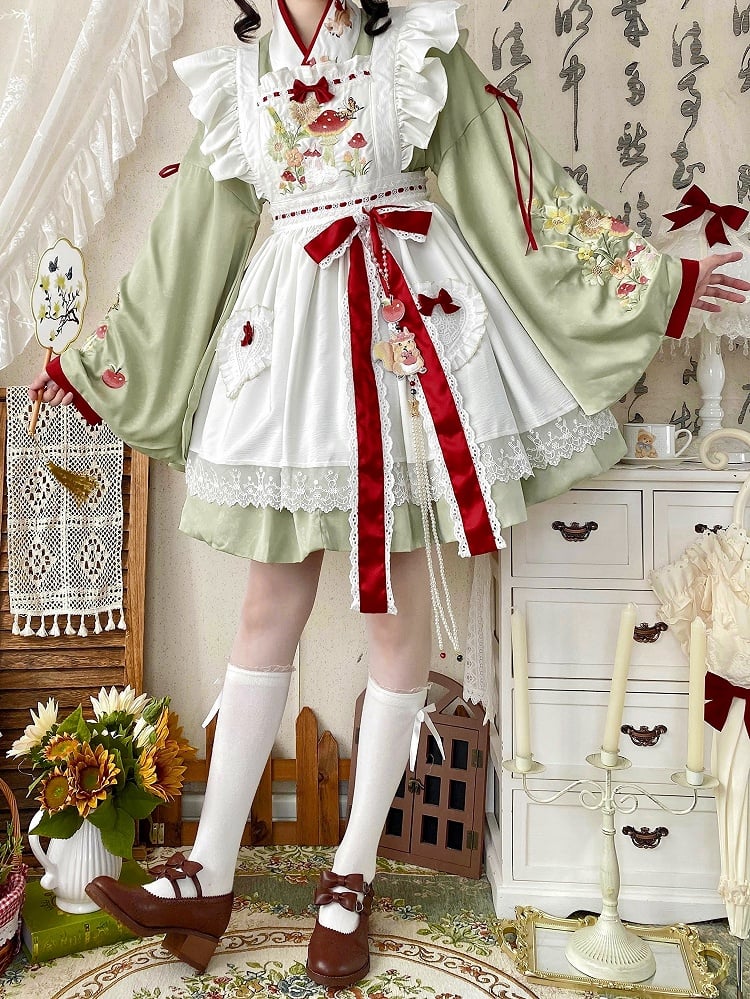 Neckline and Han Apron + Lolita Crossover Bunny Mushroom Green Embroidery OP