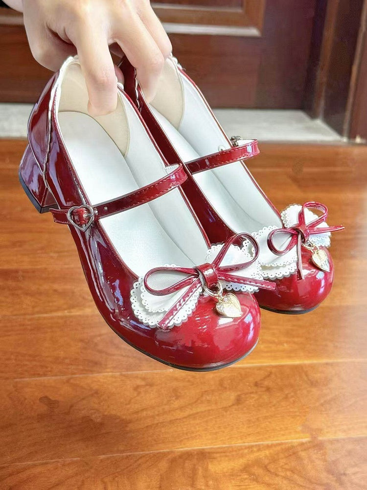 Heeled PU Lolita Sweet Bow Round 3.5cm with Scalloped in Red Snap Shoes Hem