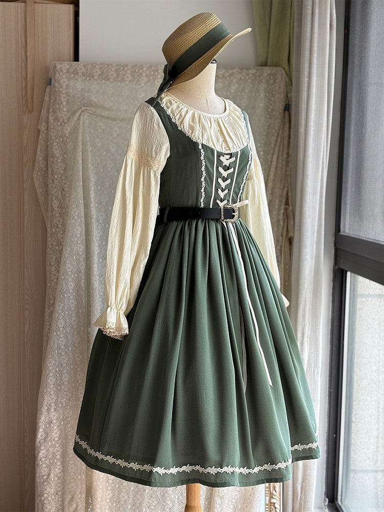 Green & Beige Round Neck Long-sleeved Elegant Classic Lolita Dress with Lace-Up Front