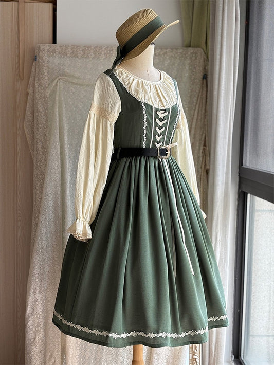 Green & Beige Round Neck Long-sleeved Elegant Classic Lolita Dress with Lace-Up Front