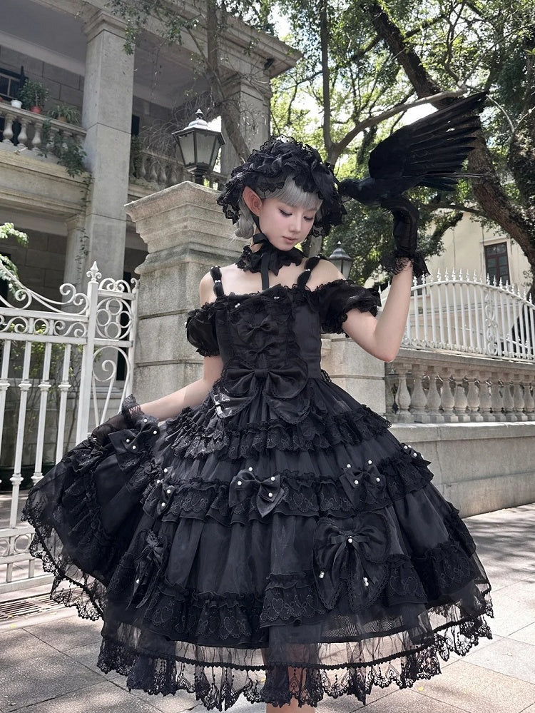Alle Details mit Schleife Lolita Rückenkleid Perlen groß und Akzente Prinzessin Schwarz