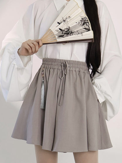 Gray Drawstring Elastic Waist Skort with Tassel Decoration - Feng Hua Gui Guo Ling