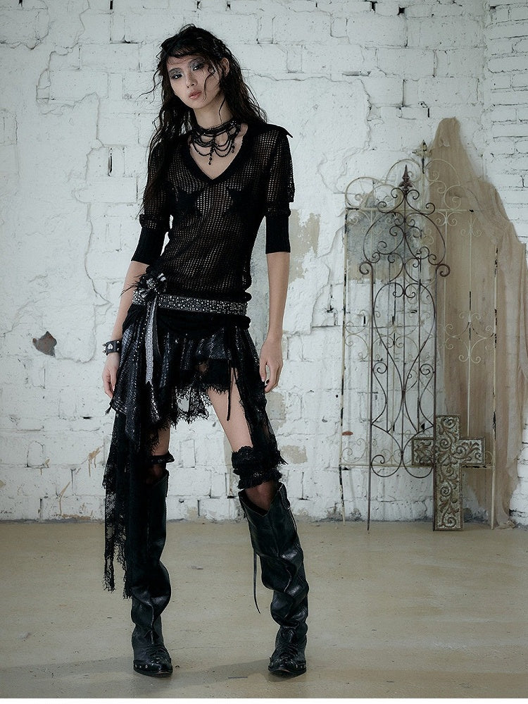 Black Star Pattern V-Neck Knit Top Hollow Out Punk - NO ROMANCE