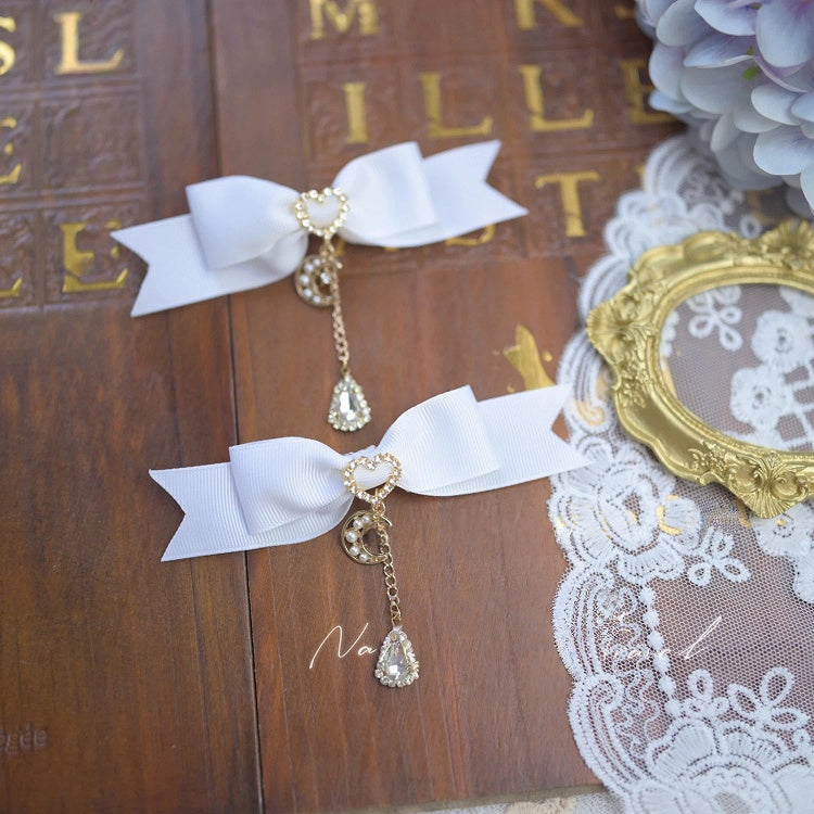 5 Bowknot Hairclips Charm Moon Rhinestone Colors with Teardrop Jirai Kei