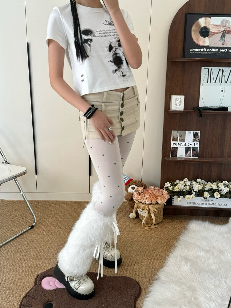 Pattern Tights Gray/Black/Creamy White Elegant Heart