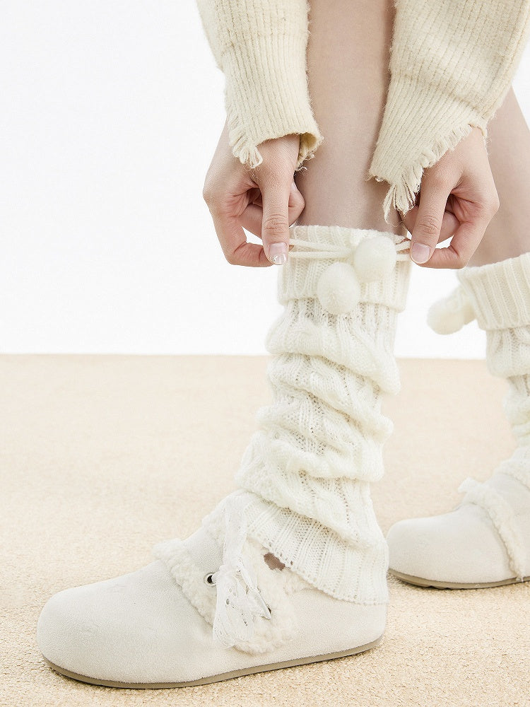 Knit with 5-Color Leg Warmers Detail Cable Bow Pom-Pom