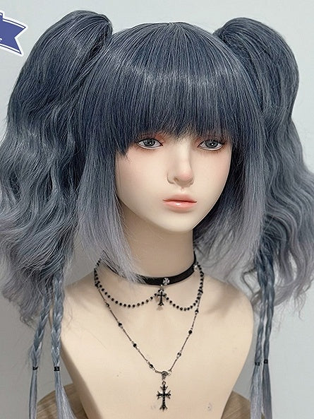 Blaugrau mit Pferdeschwänzen Ombre Haarperücken Klaue Zwei Pony Wellig +