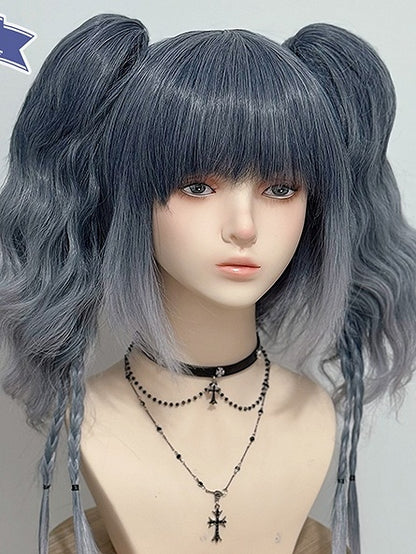 Blue-Gray With Ponytails Ombre Hair Wigs Claw Two Bangs Wavy +