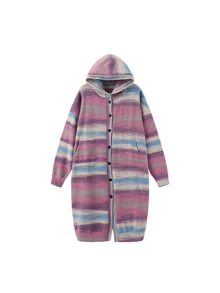 Button Placket Purple Hood Gradient Striped with Pink Knit Cardigan