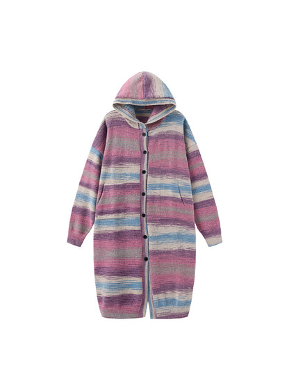 Button Placket Purple Hood Gradient Striped with Pink Knit Cardigan