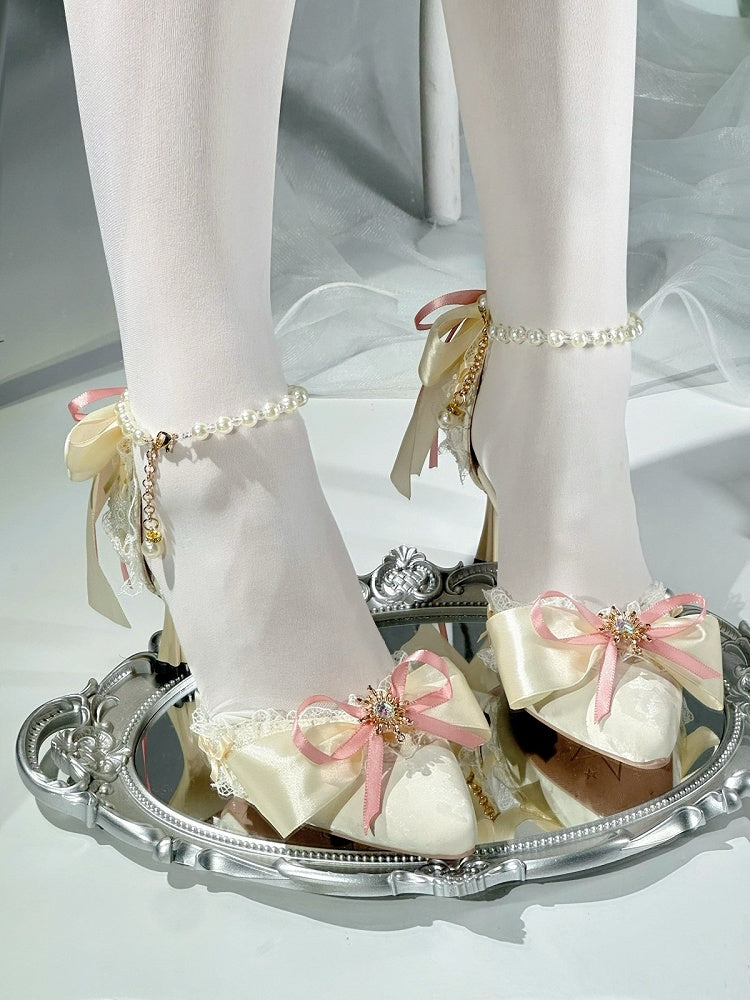 Beige Lace Trim Pointed Toe Lolita Shoes with Pink Bow - Miaomiao Just for You
