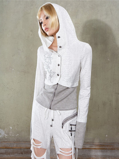 Hoodie Y2K Jacket Punk Hem with White Gray Rhinestone Knit