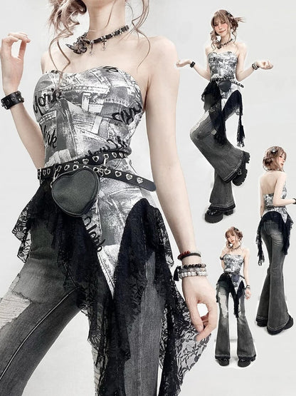 プリントレーストリム ビタースイートヘム レタートップ アシンメトリーチューブ グレー