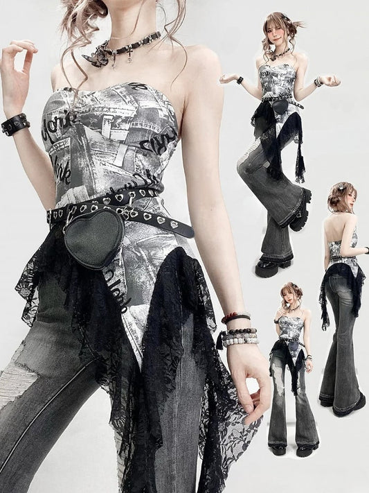 プリントレーストリム ビタースイートヘム レタートップ アシンメトリーチューブ グレー