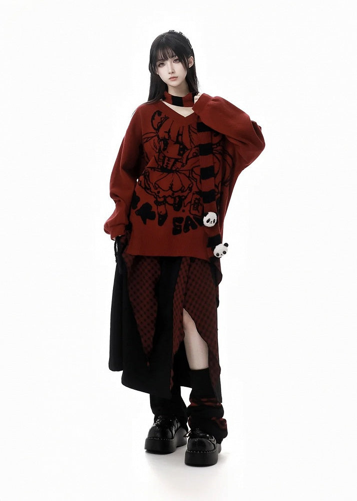 Roter Strickpullover mit V-Ausschnitt und Cartoon-Muster