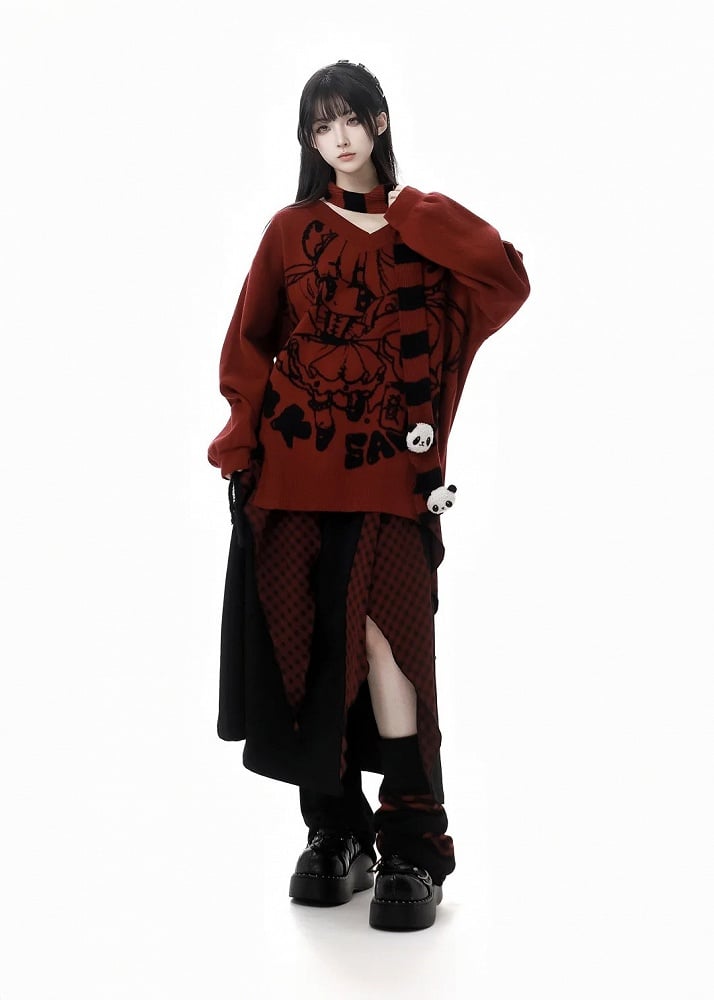 赤いストライプ柄の黒いニットレッグウォーマー