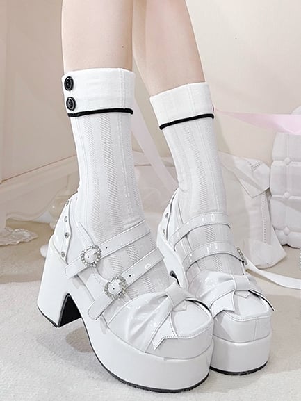 Polished White Bow at Top Rhinestone Buckles Platform Mary Jane Shoes
