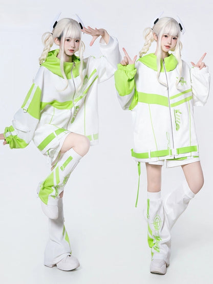 White Futuristic - Jacket in Colorblock Style Green 3-Piece Hooded Set Tech Landmine