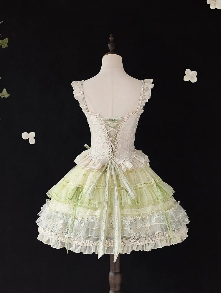 Short Green Bowknot Embroidery Classic Lolita Layered Ruffle Skirt - Amor Design